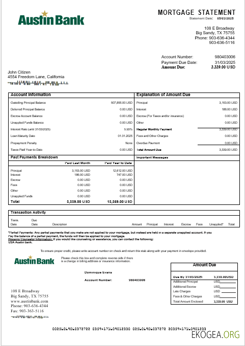 Relevé hypothécaire de la banque Austin aux formats Word et PDF